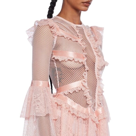 NWT Club Exx Pastel Pink Fishnet Ruffled Lace Bell Sleeve Fairycore Mini Dress - Picture 3 of 10